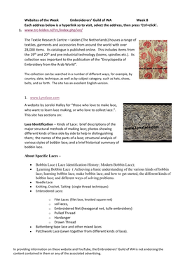 Websites of the Week Embroiderers' Guild of WA Week 8 Each Address