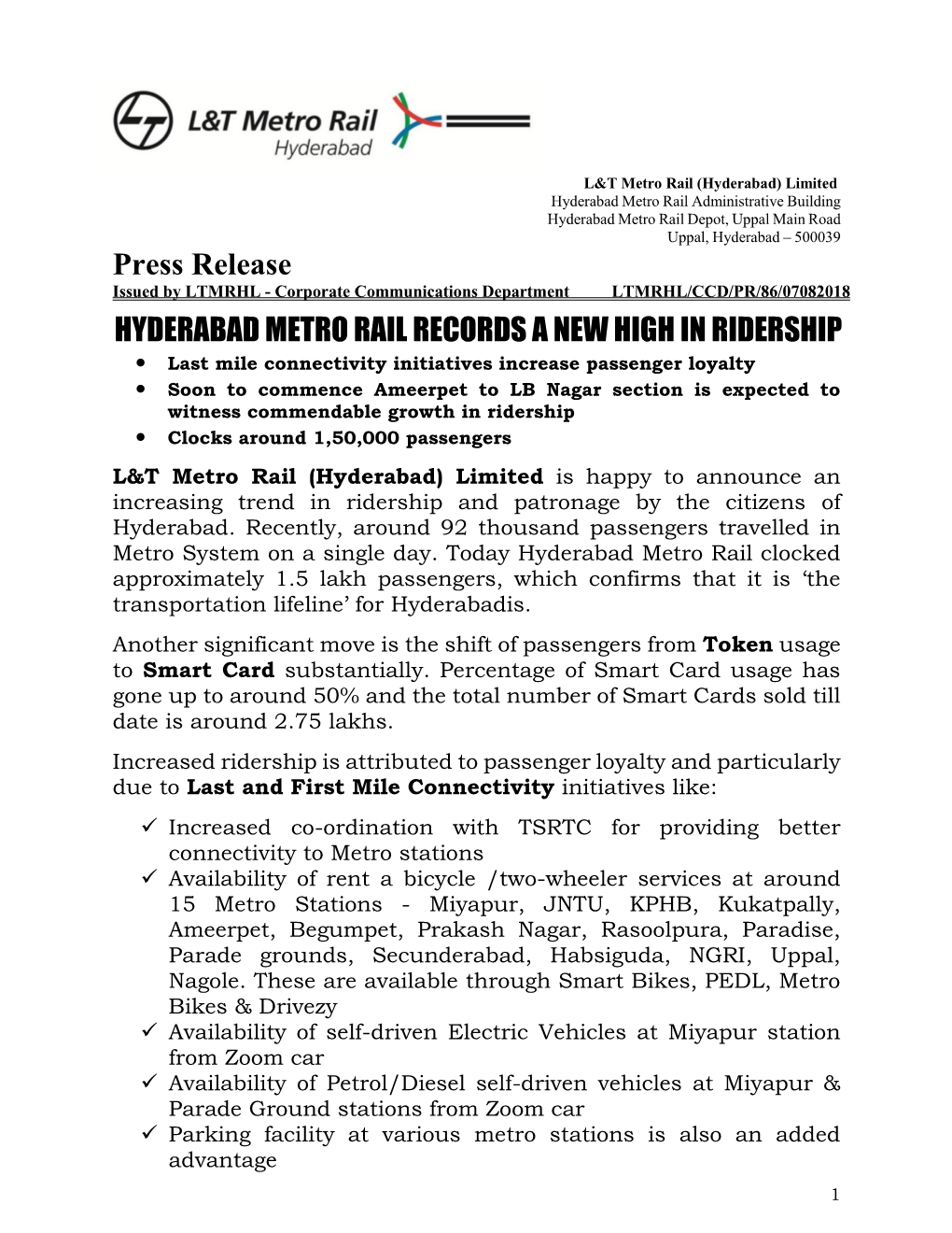 2018-08-07 Hyderabad Metro Rail Records a New High in Ridership