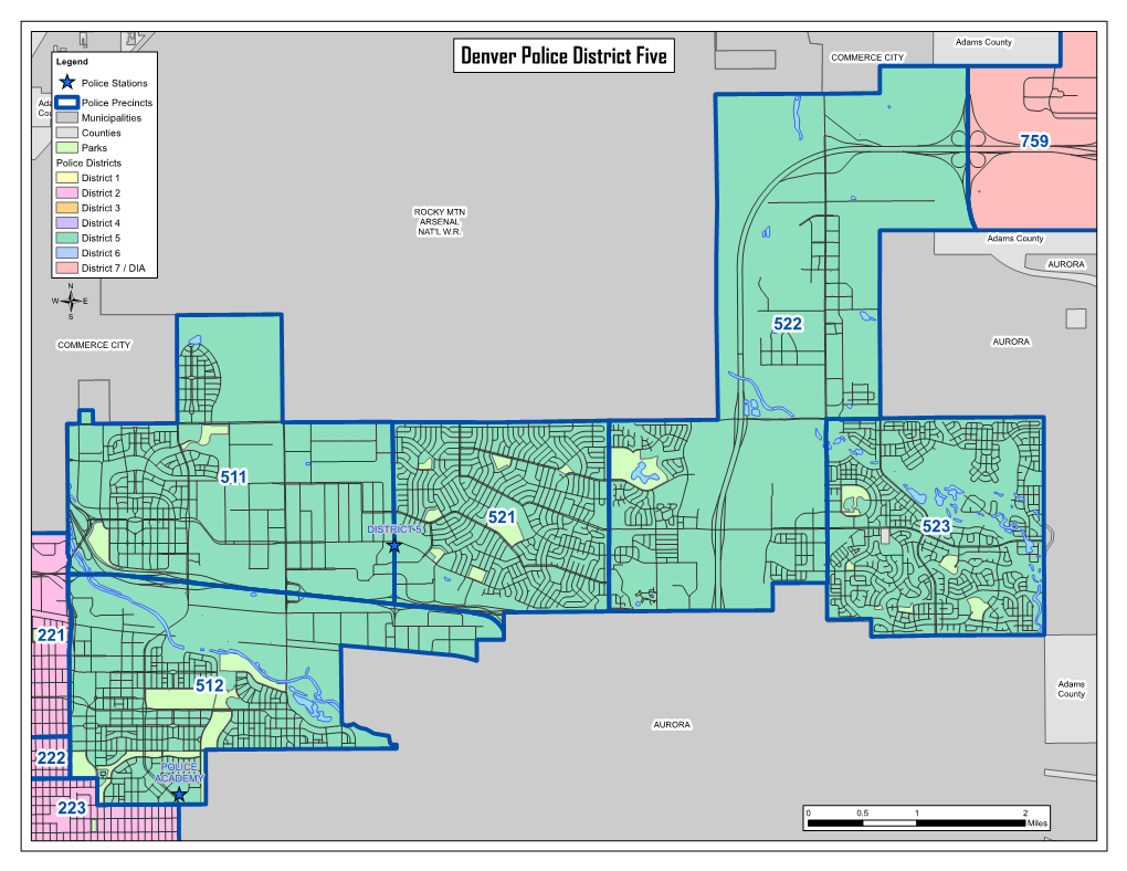 Denver Police District Five COMMERCE CITY ^ Police Stations Adams Police Precincts County Municipalities Counties Parks 759 Police Districts District 1 District 2