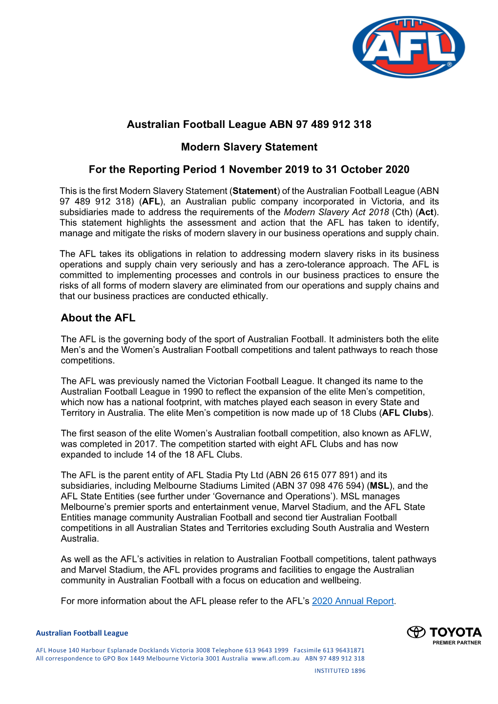 Australian Football League ABN 97 489 912 318 Modern Slavery