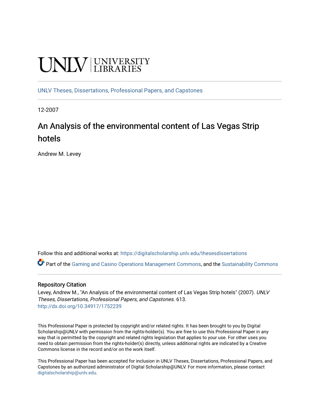 An Analysis of the Environmental Content of Las Vegas Strip Hotels