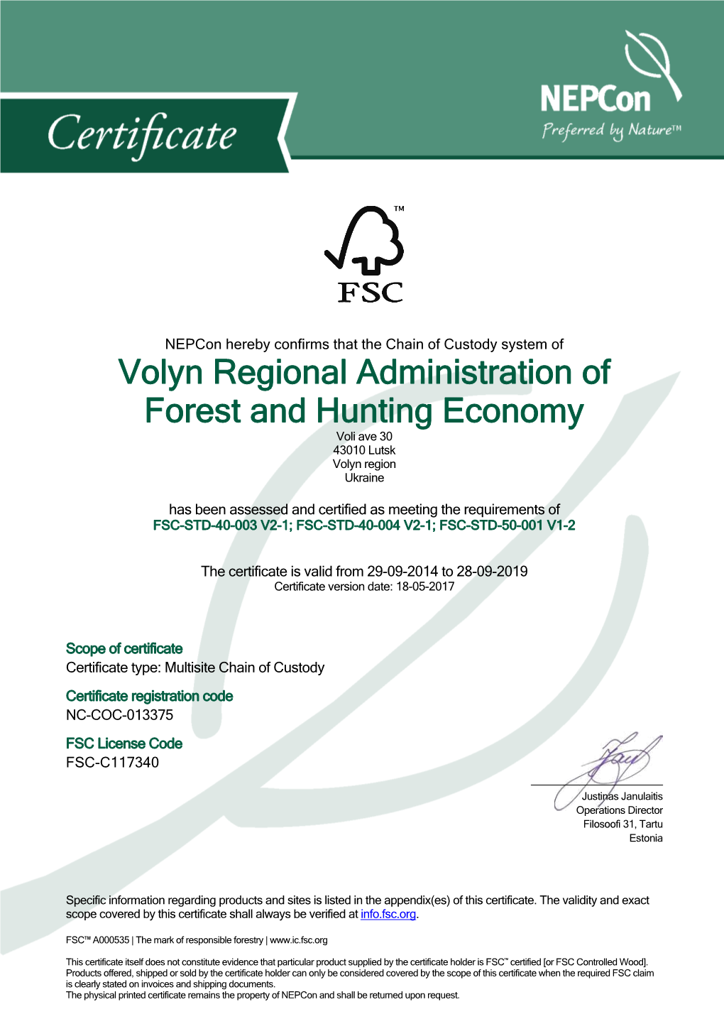 Volyn Regional Administration of Forest and Hunting Economy Voli Ave 30 43010 Lutsk Volyn Region Ukraine