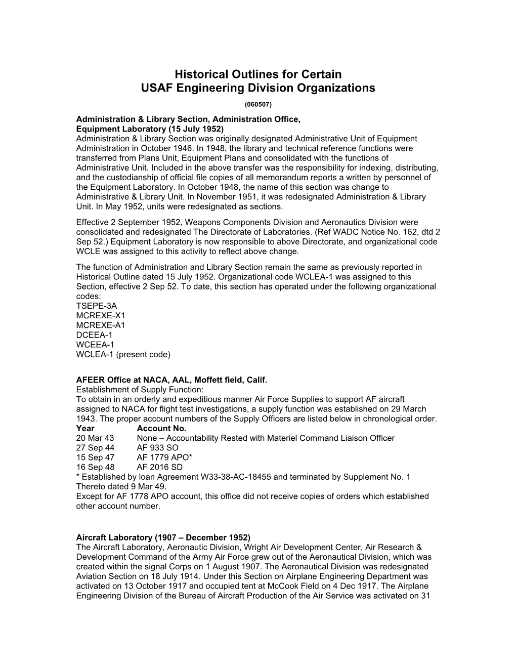 Historical Outlines for Certain USAF Engineering Division Organizations