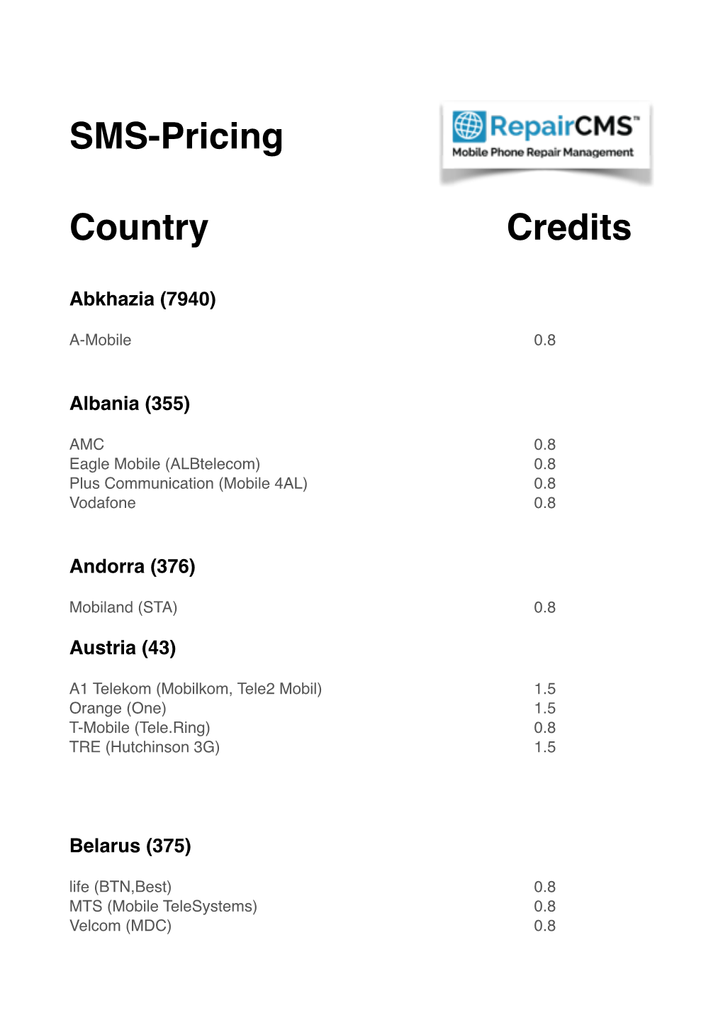 Repaircms SMS Credit Price List