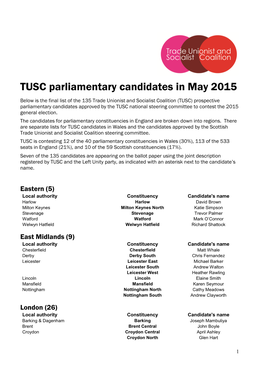 TUSC Parliamentary Candidates in May 2015