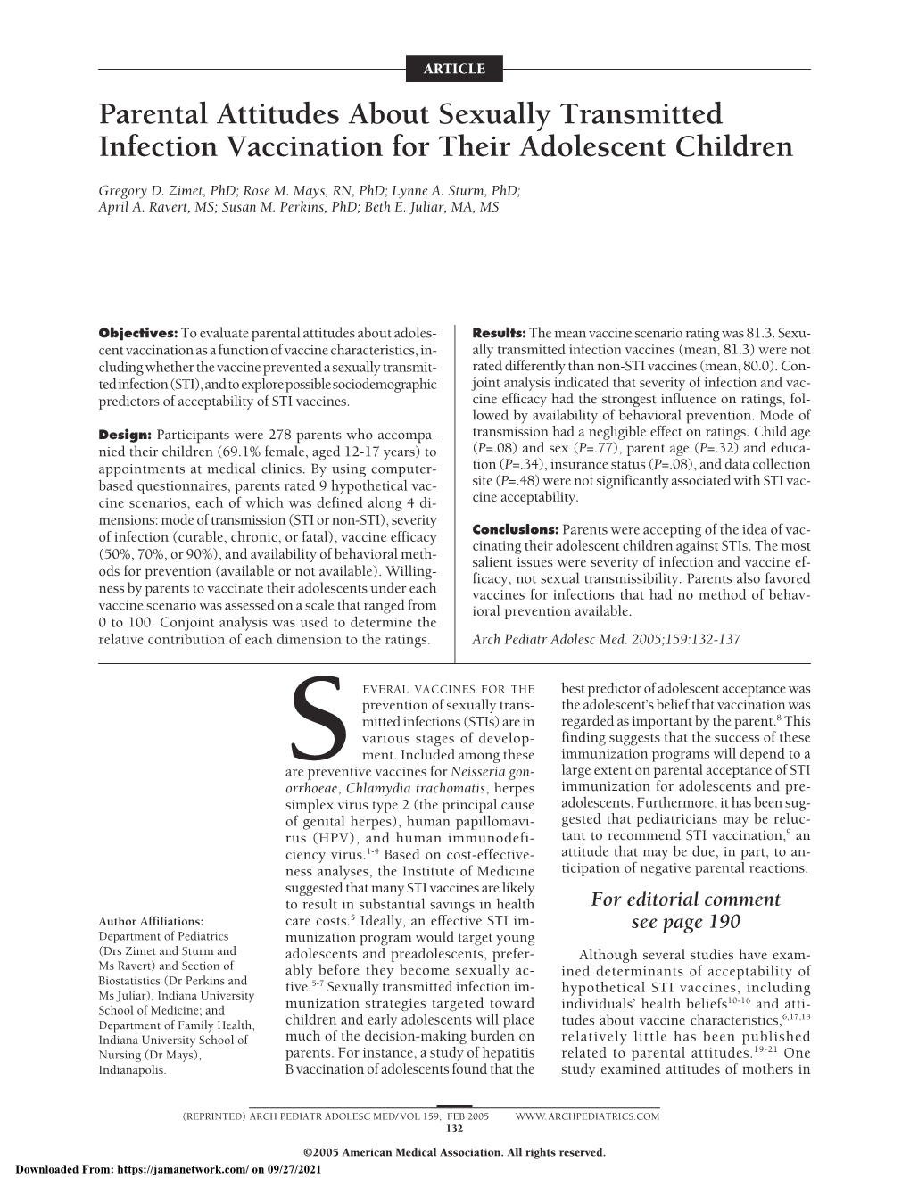 Parental Attitudes About Sexually Transmitted Infection Vaccination for Their Adolescent Children