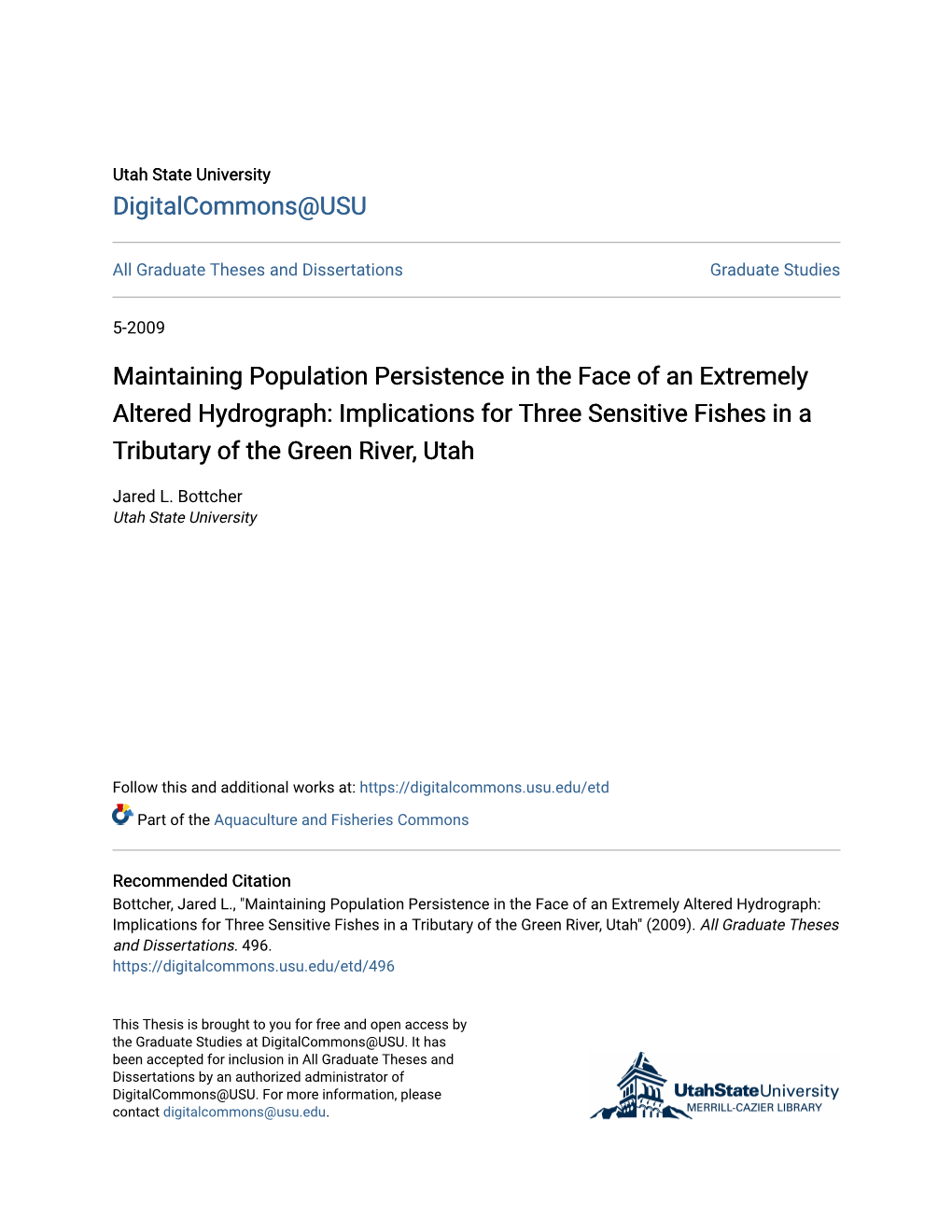 Implications for Three Sensitive Fishes in a Tributary of the Green River, Utah