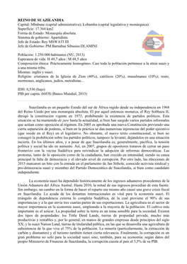 REINO DE SUAZILANDIA Capital: Mbabane (Capital Administrativa); Lobamba (Capital Legislativa Y Monárquica)