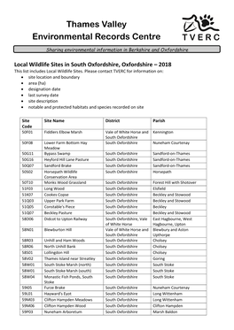 List of Local Wildlife Sites in South Oxfordshire 2018.Pdf