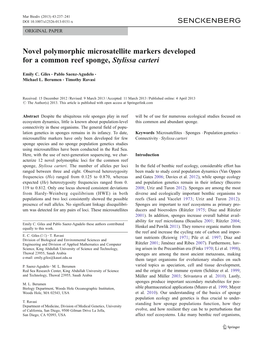 Novel Polymorphic Microsatellite Markers Developed for a Common Reef Sponge, Stylissa Carteri