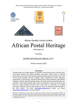 African Postal Heritage; African Studies Centre Leiden; APH Paper 33; Ton Dietz Outer Seychelles and B.I.O.T., Version January 2019