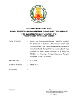 Government of Tamil Nadu Hindu Religious and Charitable Endownment Department Pre-Qualification Application and Price Tender Two Cover System