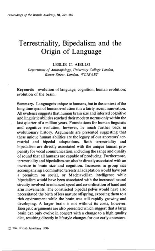 Terrestriality, Bipedalism and the Origin of Language