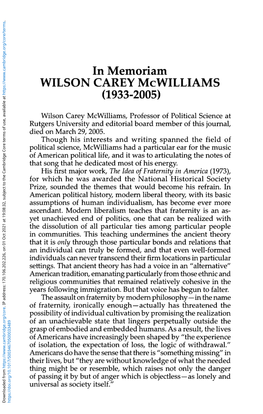 In Memoriam WILSON CAREY Mcwilliams (1933-2005)