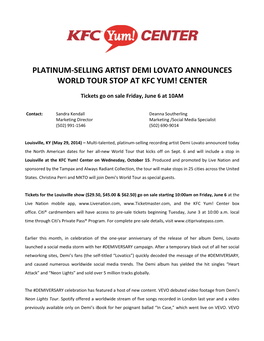 Platinum-Selling Artist Demi Lovato Announces World Tour Stop at Kfc Yum! Center