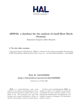 A Database for the Analysis of Small Heat Shock Proteins Emmanuel Jaspard, Gilles Hunault