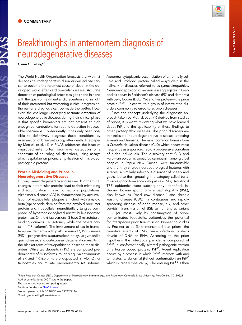 Breakthroughs in Antemortem Diagnosis of Neurodegenerative Diseases COMMENTARY Glenn C