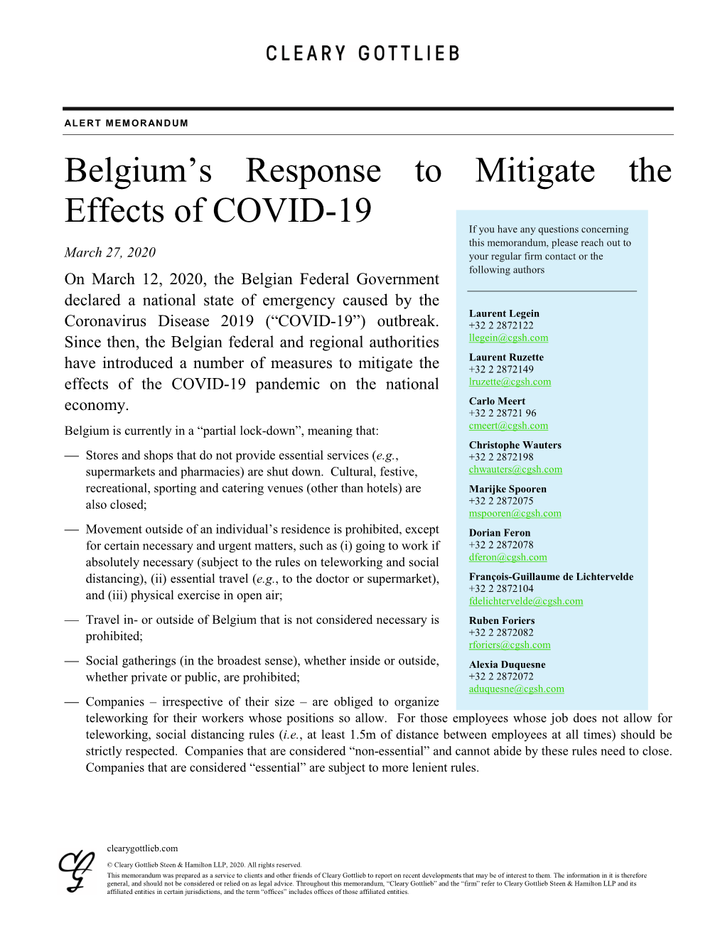 Belgium's Response to Mitigate the Effects of COVID-19