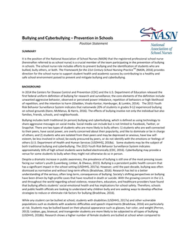 Bullying and Cyberbullying – Prevention in Schools Position Statement