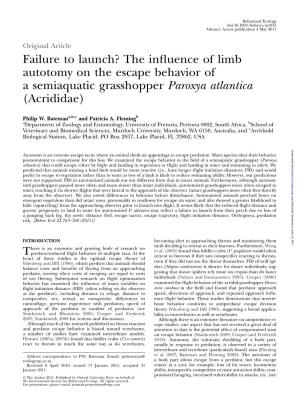 Failure to Launch? the Influence of Limb Autotomy on the Escape Behavior of a Semiaquatic Grasshopper Paroxya Atlantica