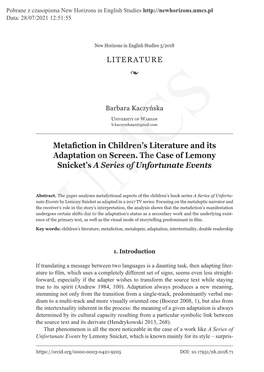 Metafiction in Children's Literature and Its Adaptation on Screen