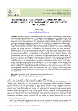 Historical Ethnolinguistic Notes on Proto-Austroasiatic and Proto-Vietic