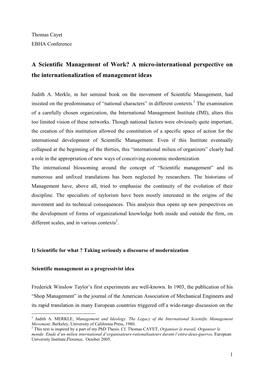 A Scientific Management of Work? a Micro-International Perspective on the Internationalization of Management Ideas