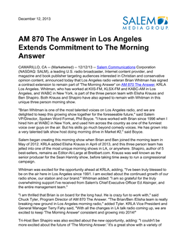 AM 870 the Answer in Los Angeles Extends Commitment to the Morning Answer