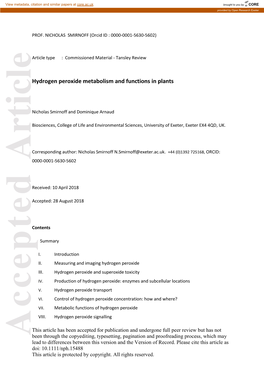 Hydrogen Peroxide Metabolism and Functions in Plants