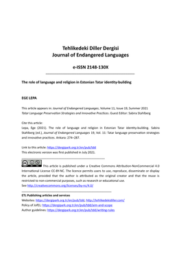 Tehlikedeki Diller Dergisi Journal of Endangered Languages 2021 Vol 11 Issue 19