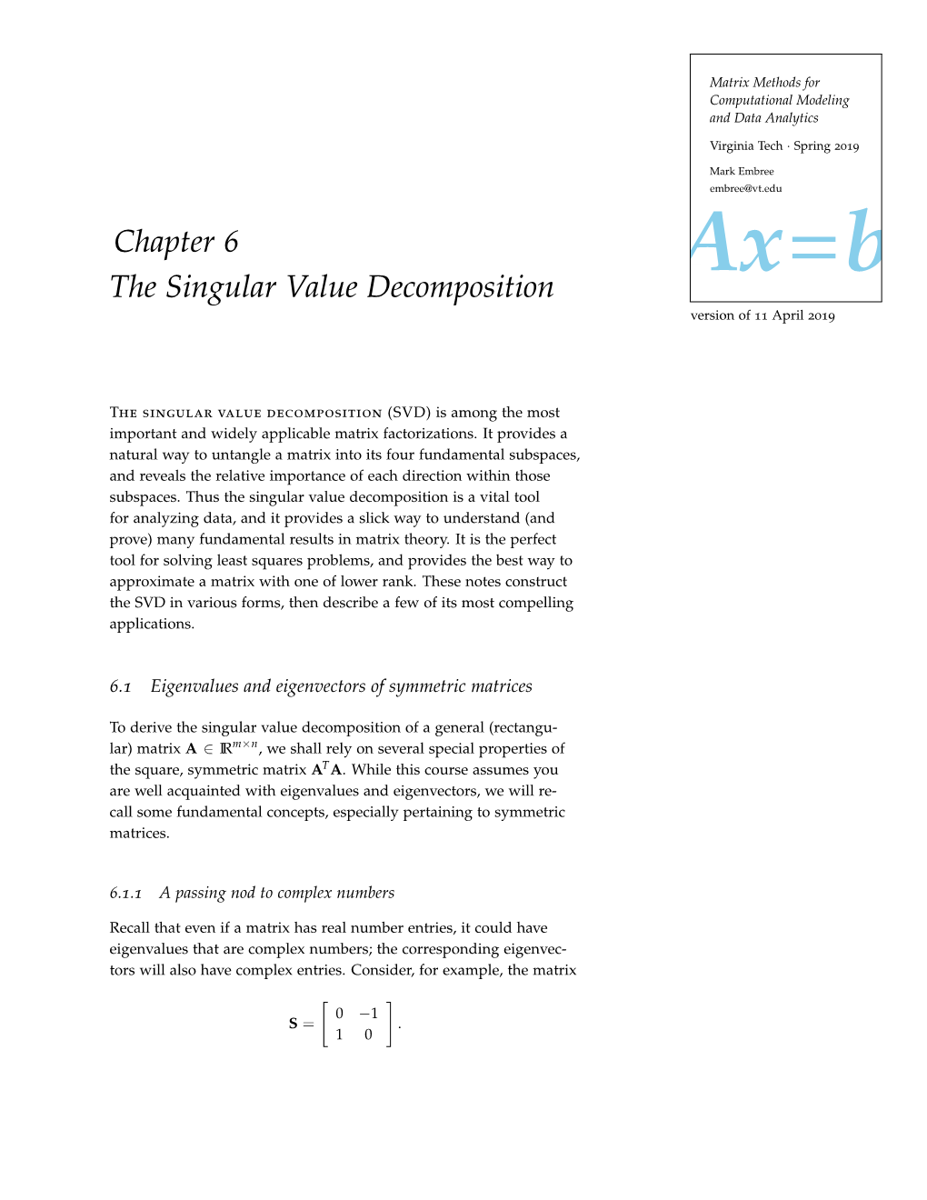 Chapter 6 The Singular Value Decomposition Ax=B Version Of 11 April ...