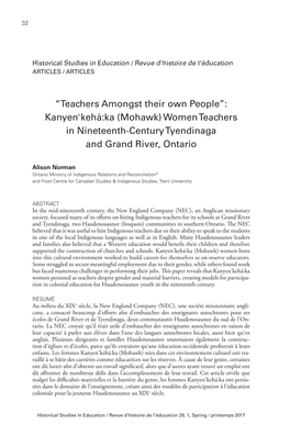 “Teachers Amongst Their Own People”: Kanyen'kehá:Ka (Mohawk) Women Teachers in Nineteenth-Century Tyendinaga and Grand River, Ontario