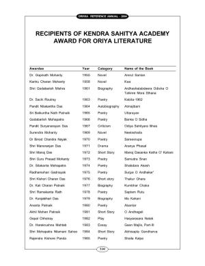 Recipients of Kendra Sahitya Akademi Award for Oriya Literature