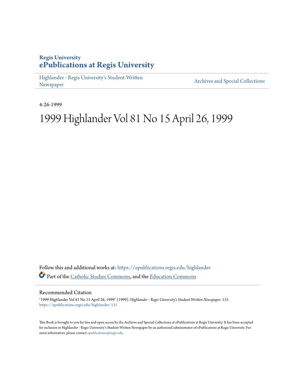 1999 Highlander Vol 81 No 15 April 26, 1999