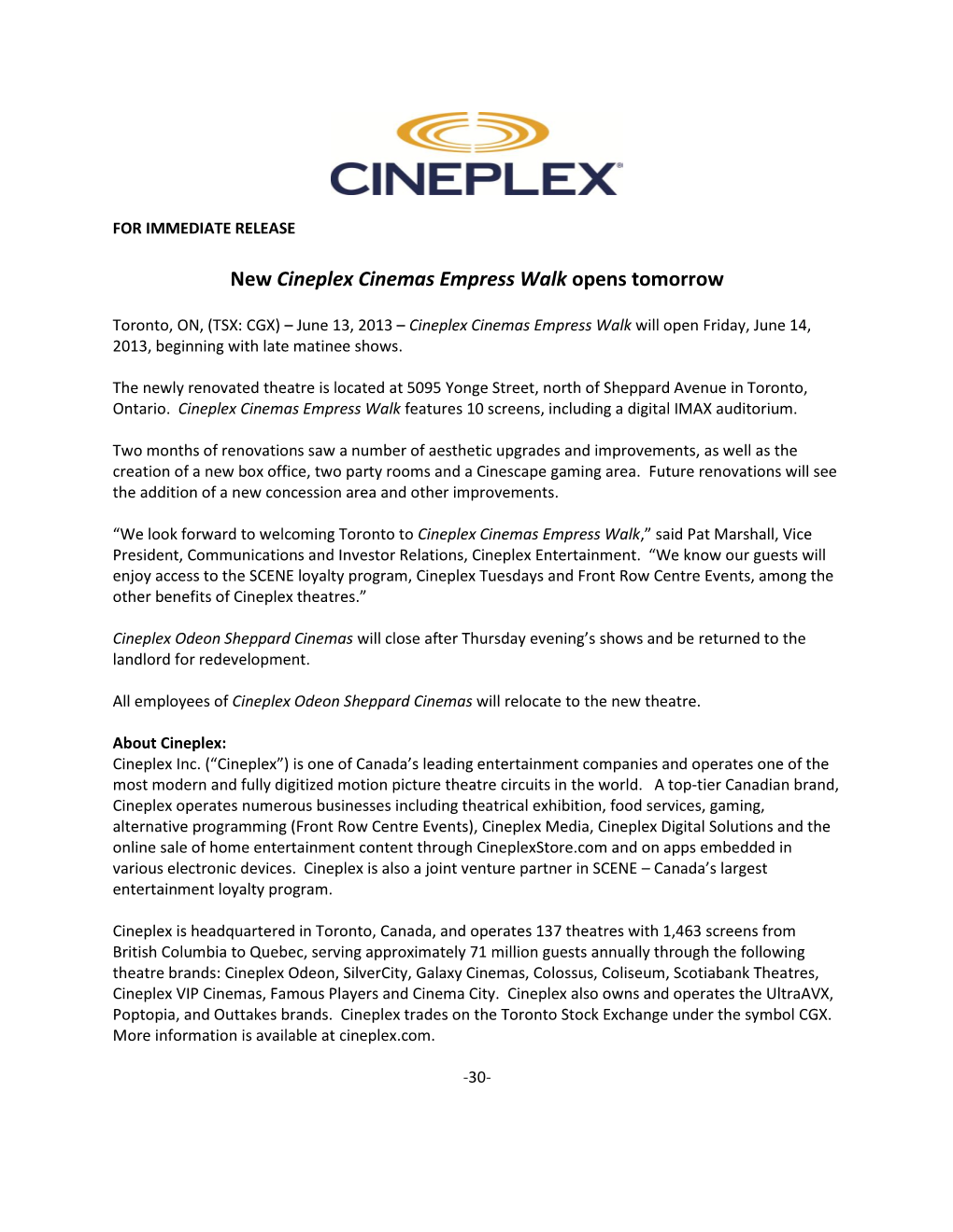 New Cineplex Cinemas Empress Walk Opens Tomorrow