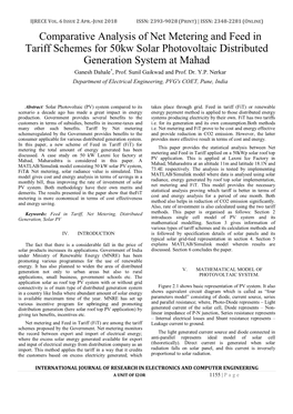 Comparative Analysis of Net Metering and Feed in Tariff Schemes for 50Kw Solar Photovoltaic Distributed Generation System at Mahad Ganesh Dahale*, Prof