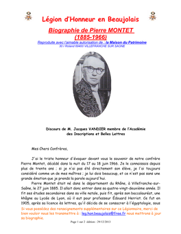 Biographie De Pierre MONTET (1885-1966) Reproduite Avec L’Aimable Autorisation De : La Maison Du Patrimoine 30 R Roland 69400 VILLEFRANCHE SUR SAONE