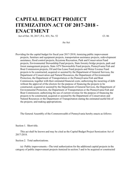 CAPITAL BUDGET PROJECT ITEMIZATION ACT of 2017-2018 - ENACTMENT Act of Oct
