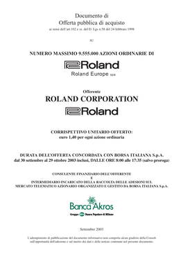 OPA ROLAND Documento D'offerta Roland Corporation 26 09