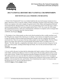 2012 National History Bee National Championships Round Finals (All Periods and Regions)