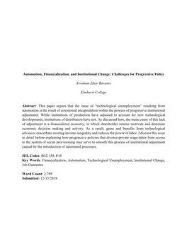 Automation, Financialization, and Institutional Change: Challenges for Progressive Policy