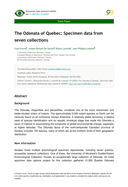 The Odonata of Quebec: Specimen Data from Seven Collections