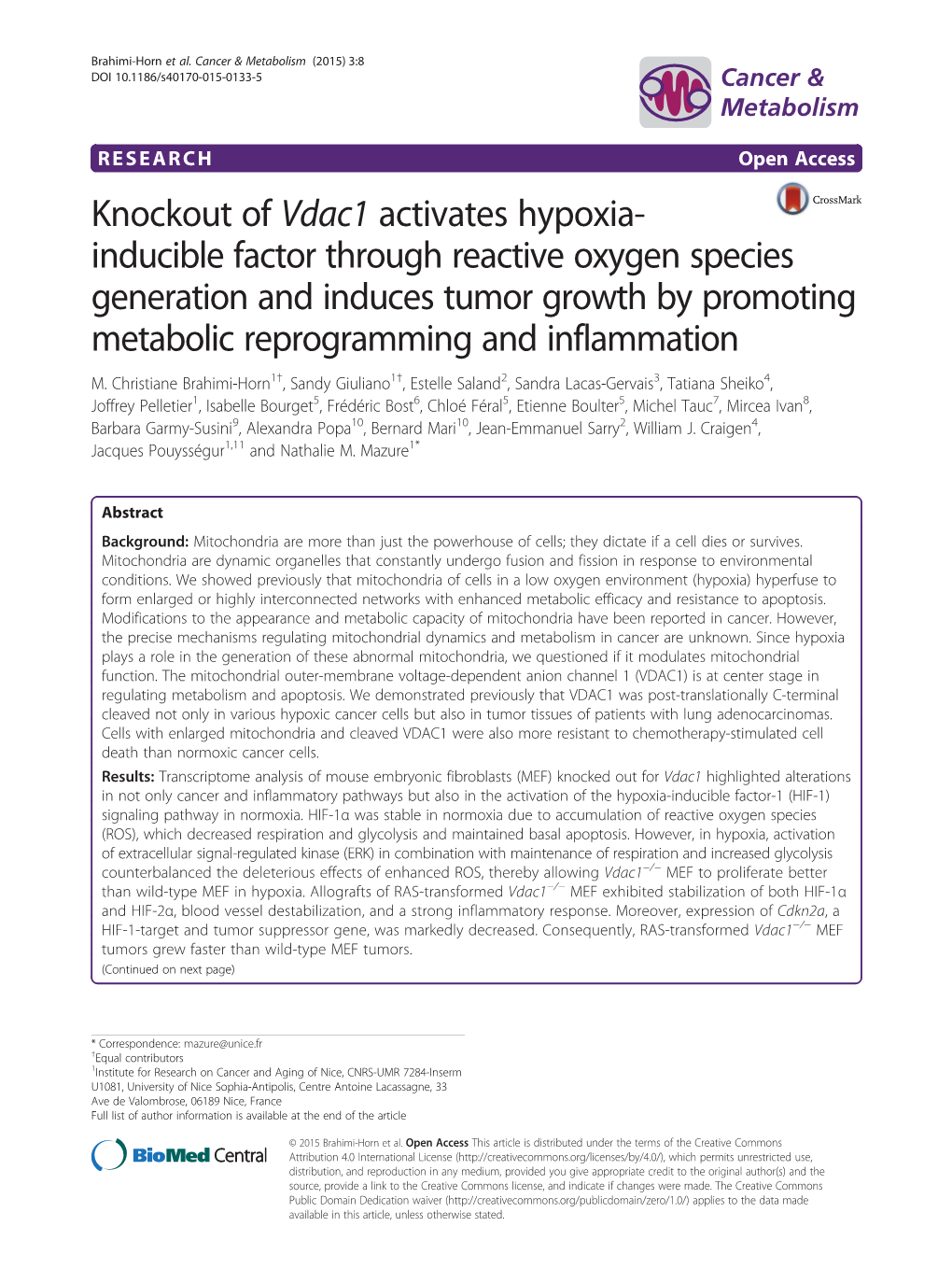 Knockout of Vdac1 Activates Hypoxia-Inducible Factor Through