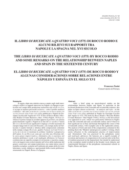 Il Libro Di Ricercate a Qvattro Voci (1575) Di Rocco Rodio E Alcuni Rilievi Sui Rapporti Tra Napoli E La Spagna Nel Xvi Secolo