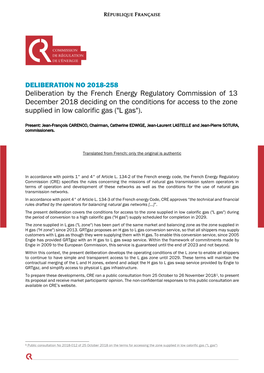 Deliberation by the French Energy Regulatory Commission of 13 December 2018 Deciding on the Conditions for Access to the Zone Supplied in Low Calorific Gas ("L Gas")