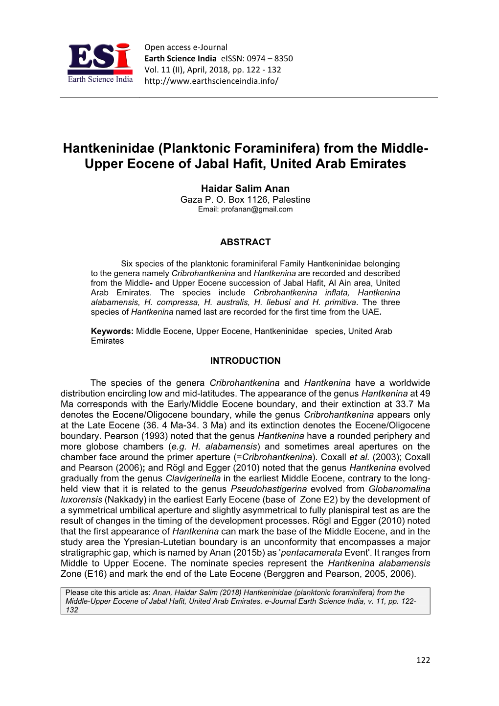 Planktonic Foraminifera) from the Middle- Upper Eocene of Jabal Hafit, United Arab Emirates