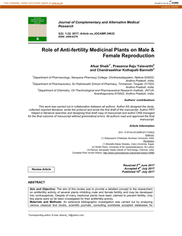 Role of Anti-Fertility Medicinal Plants on Male & Female Reproduction