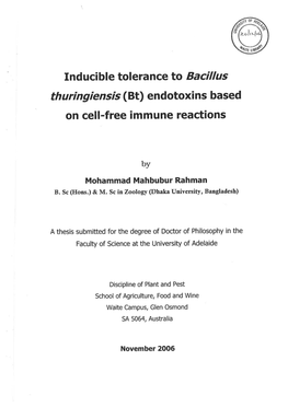 Inducible Tolerance to Bacillus Thuringiensis (Bt) Endotoxins Based on Cell-Free Immune Reactions