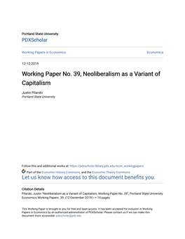 Working Paper No. 39, Neoliberalism As a Variant of Capitalism