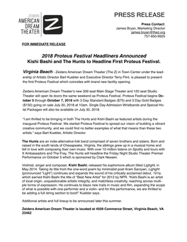 PRESS RELEASE – 2018 Proteus Festival Headliners Announced